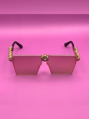 Oversized Pink Mirrored Square Sunglasses Gold Crystal Embellished Clusters